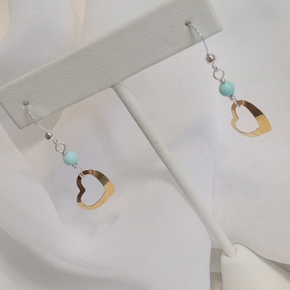 Turquoise ~ 14K YG Vintage Heart and Sterling Silver Earrings - Picture 12 of 14